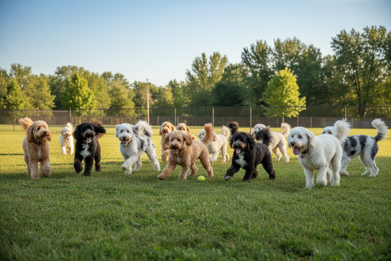 group of doodle mix dog breeds playing outside at a dog park