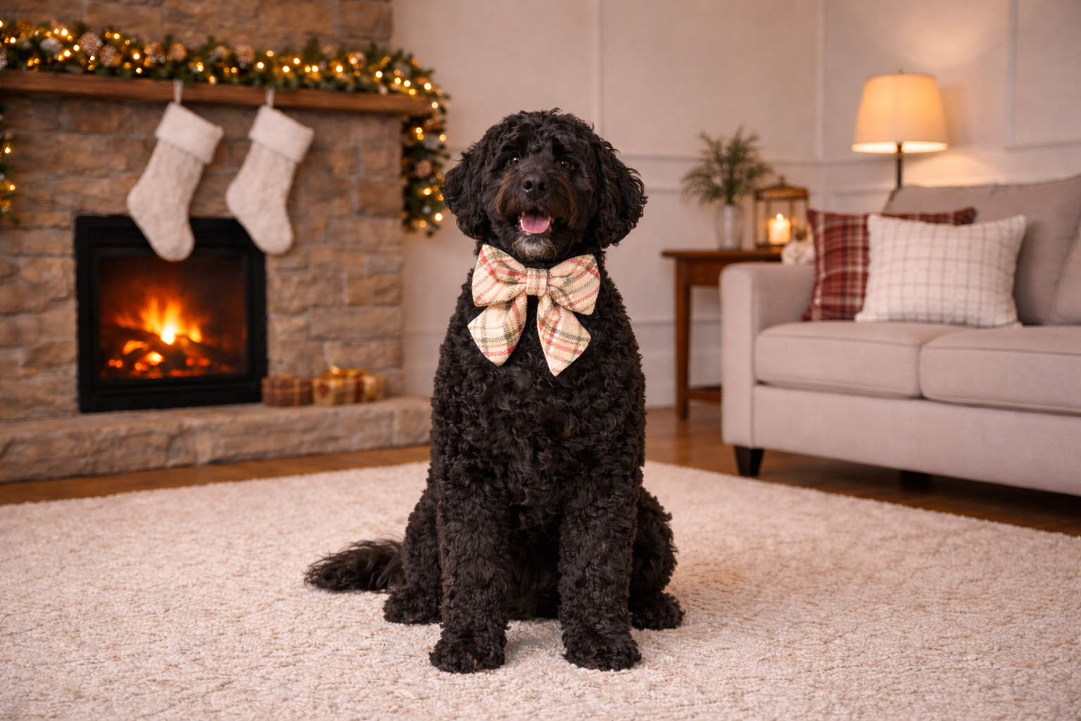 Black Labradoodle wearing a cream tartan plaid bow tie, sitting in a cozy living room with a Christmas tree, fireplace, and holiday decor.