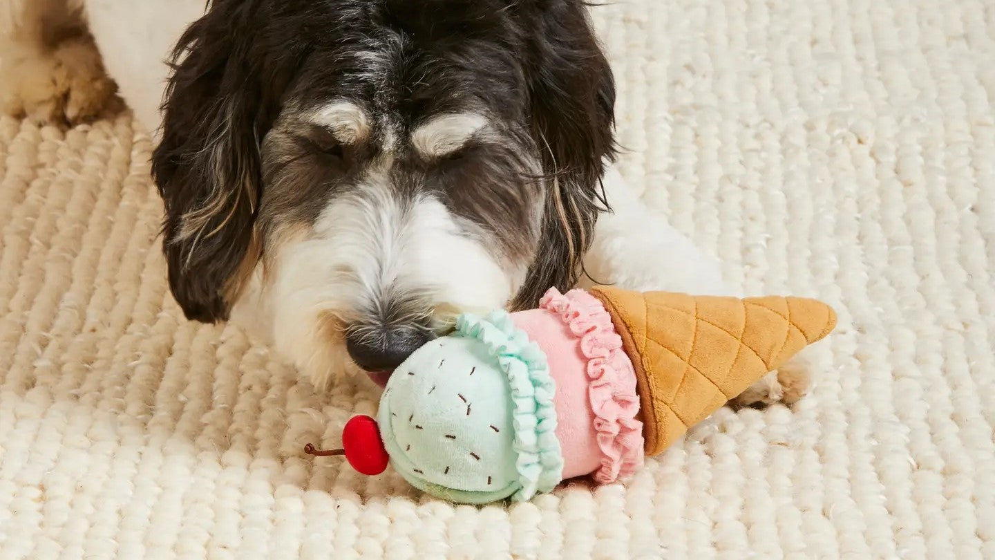 Ice cream cone–shaped interactive snuffle dog toy with pastel scoops, waffle cone base, and cherry topper on a white background