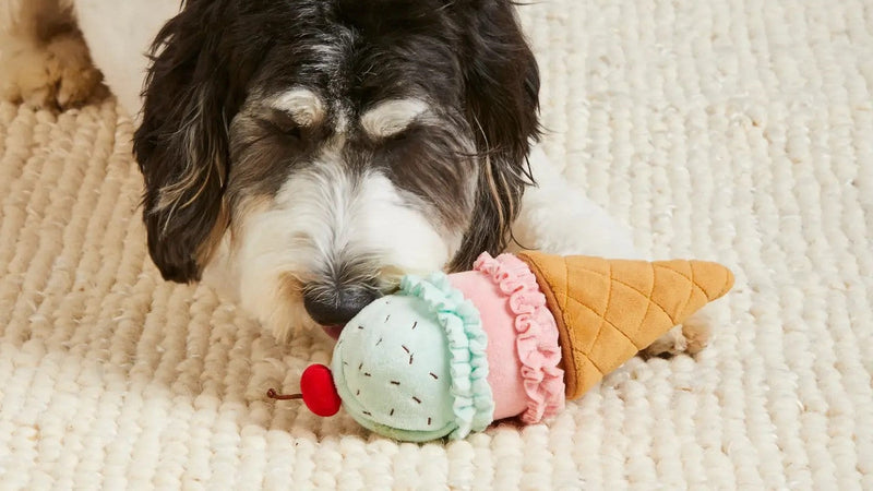 Ice cream cone–shaped interactive snuffle dog toy with pastel scoops, waffle cone base, and cherry topper on a white background
