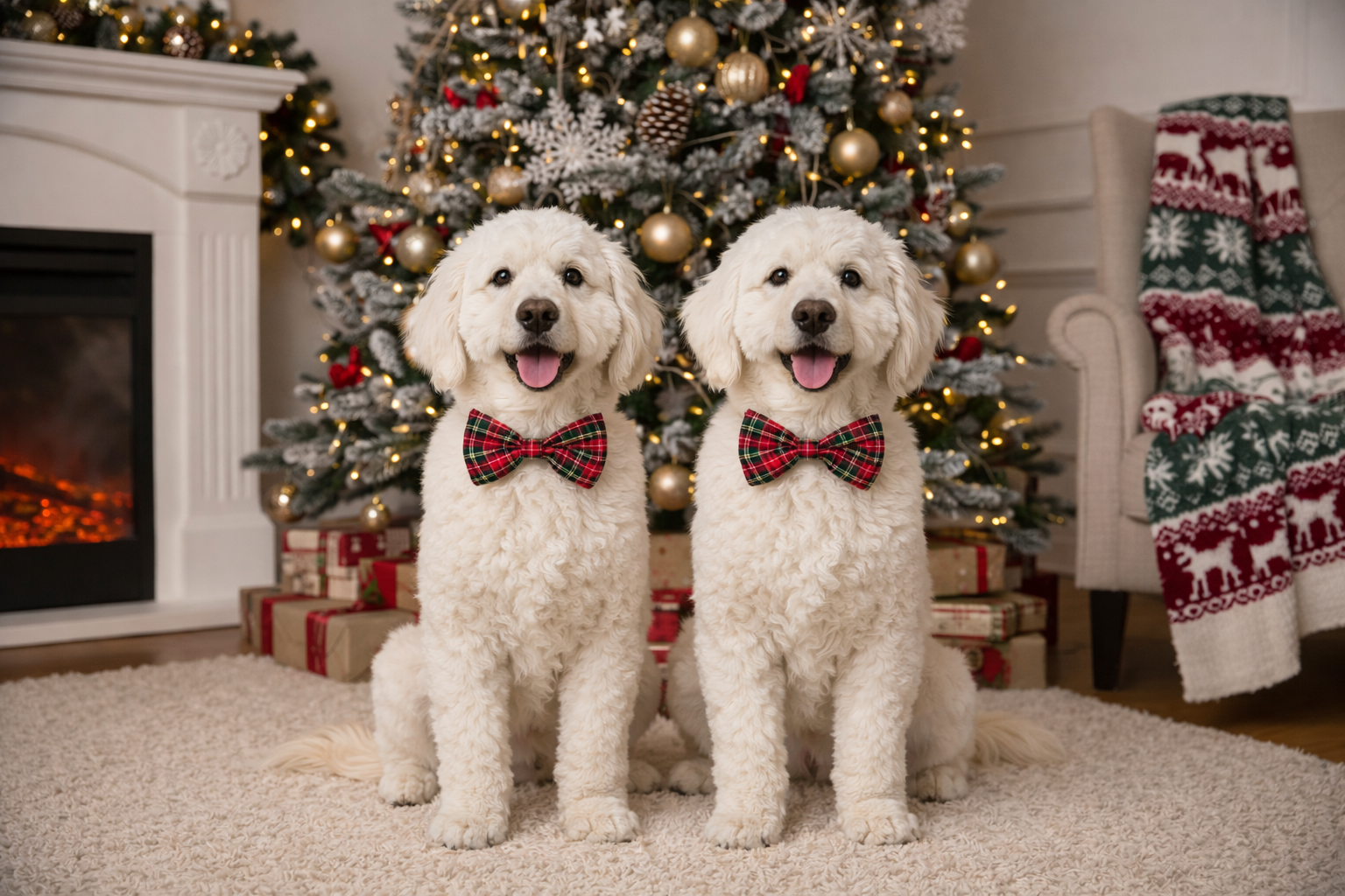 Two white Goldendoodles wearing red tartan plaid bow ties sitting on a rug in front of a decorated Christmas tree with wrapped gifts and a fireplace.