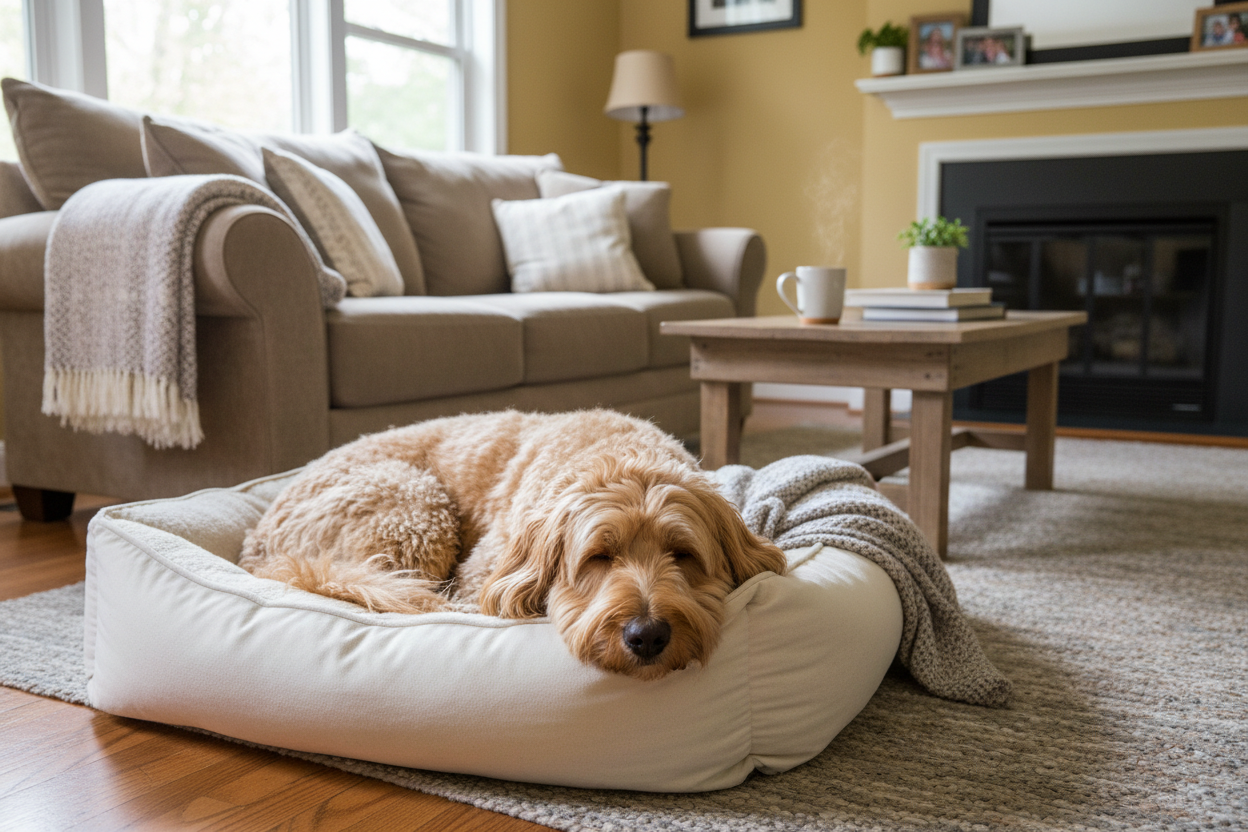 A relaxed goldendoodle resting in a plush, round dog bed in a modern living room, featuring soft neutral tones and cozy textures designed for stylish dog-friendly homes.