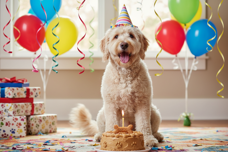 Labradoodle wearing a colorful party hat sits indoors surrounded by balloons and streamers, with a dog-friendly birthday cake and candle in front.
