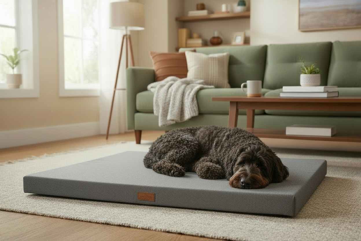 black labradoodle laying on a napper style dog bed in a living room.