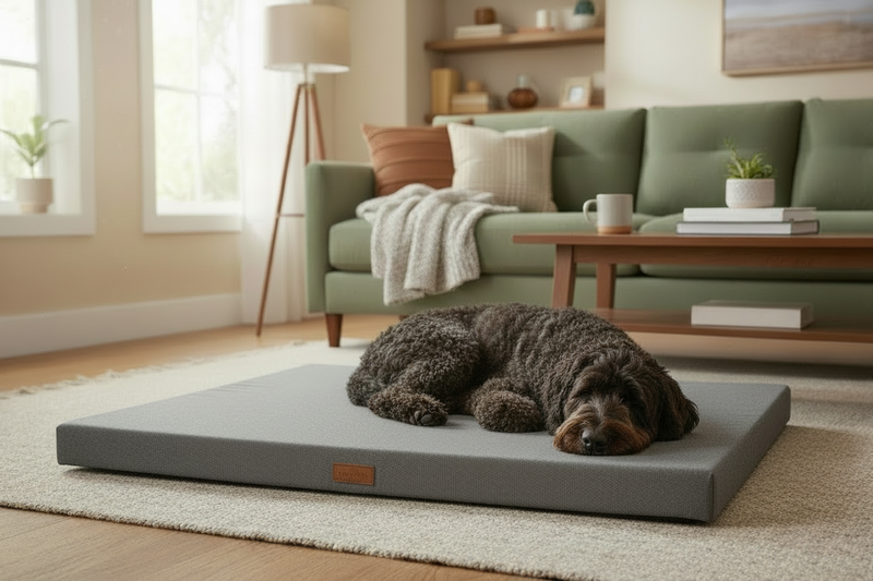 black labradoodle laying on a napper style dog bed in a living room.