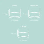 Diagram showing the dimensions of small, medium, and large containers on a light blue background.