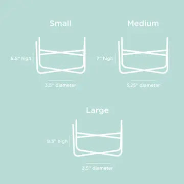 Diagram showing the dimensions of small, medium, and large containers on a light blue background.