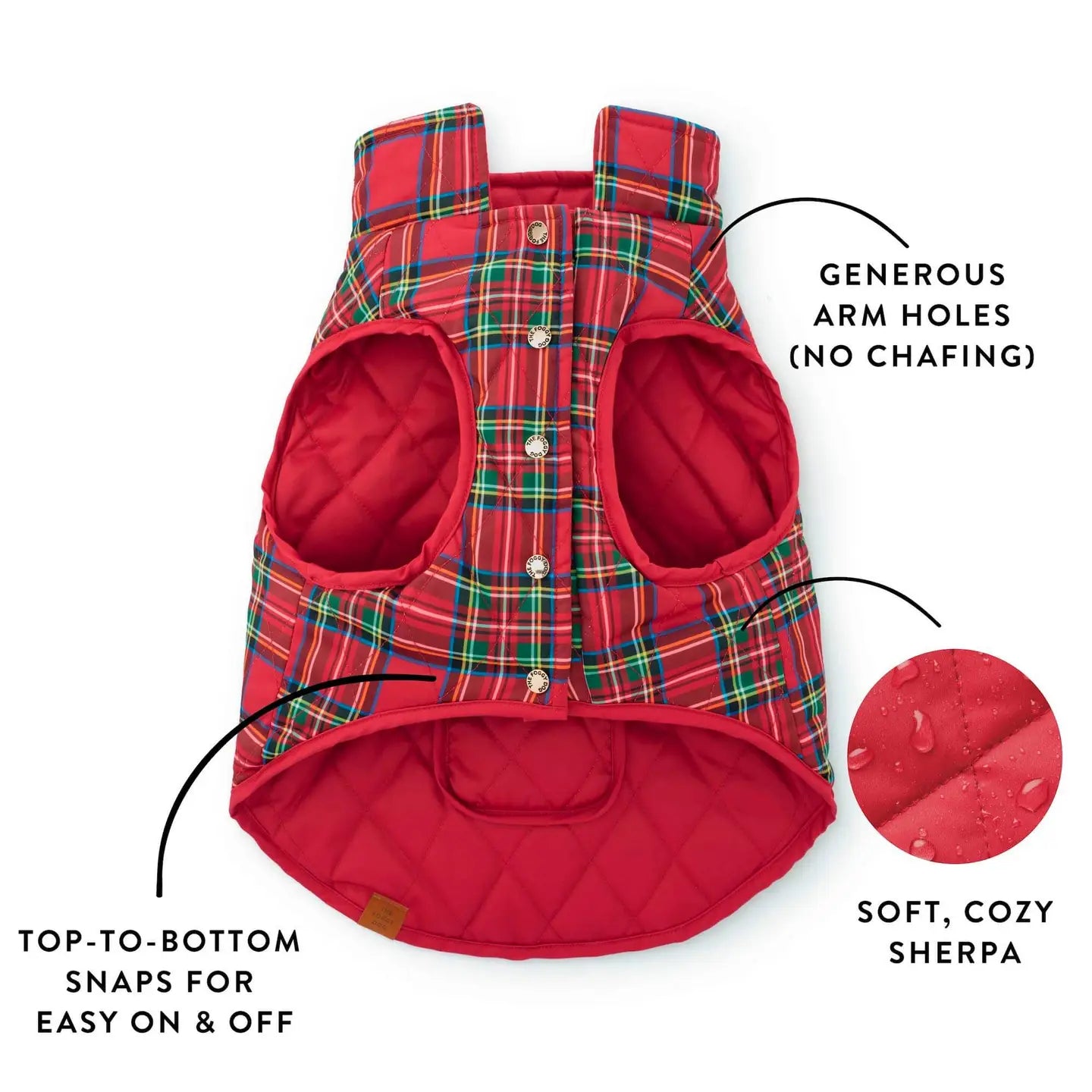 Red plaid dog coat with features highlighted on a white background