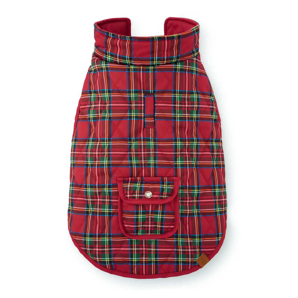 Red plaid dog coat on a white background