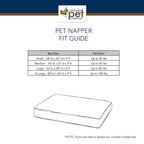 Pet Napper fit guide with bed size chart and Carolina Pet Company logo.