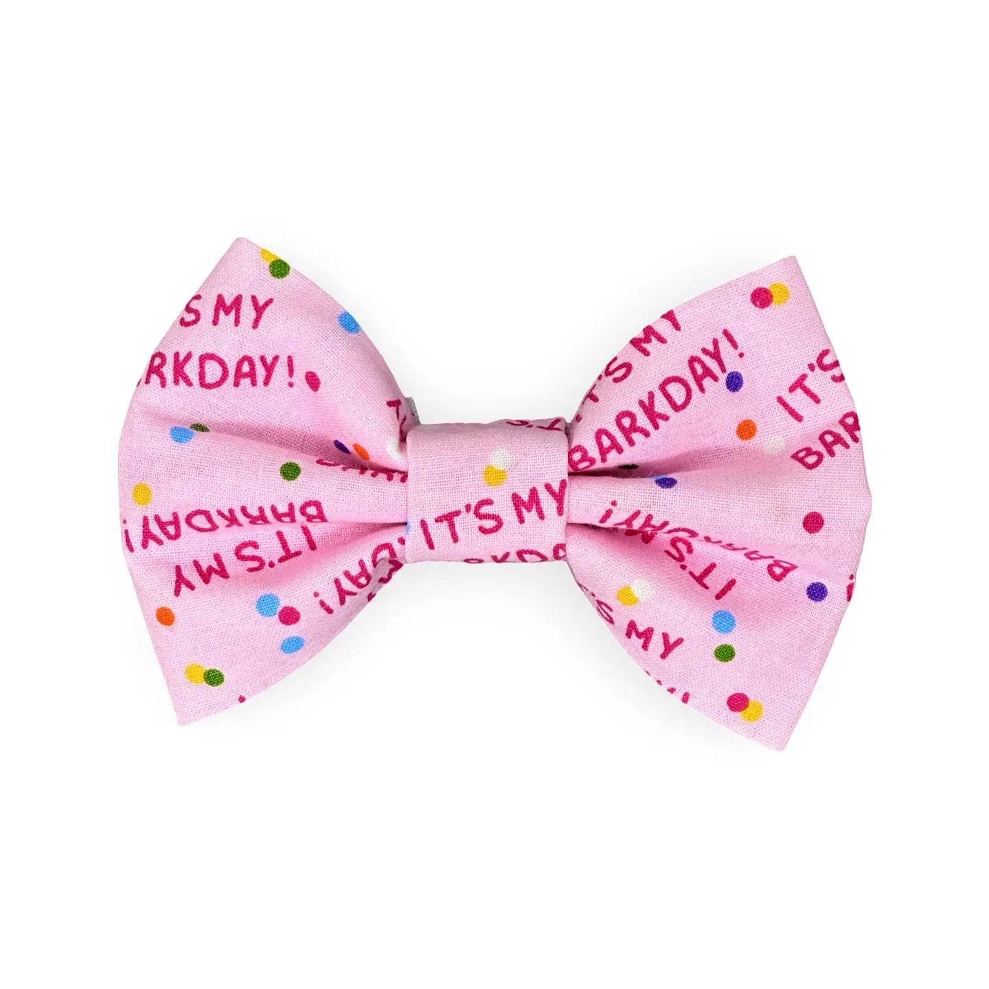Pink dog bow with 'It's My Barkday!' text on a white background