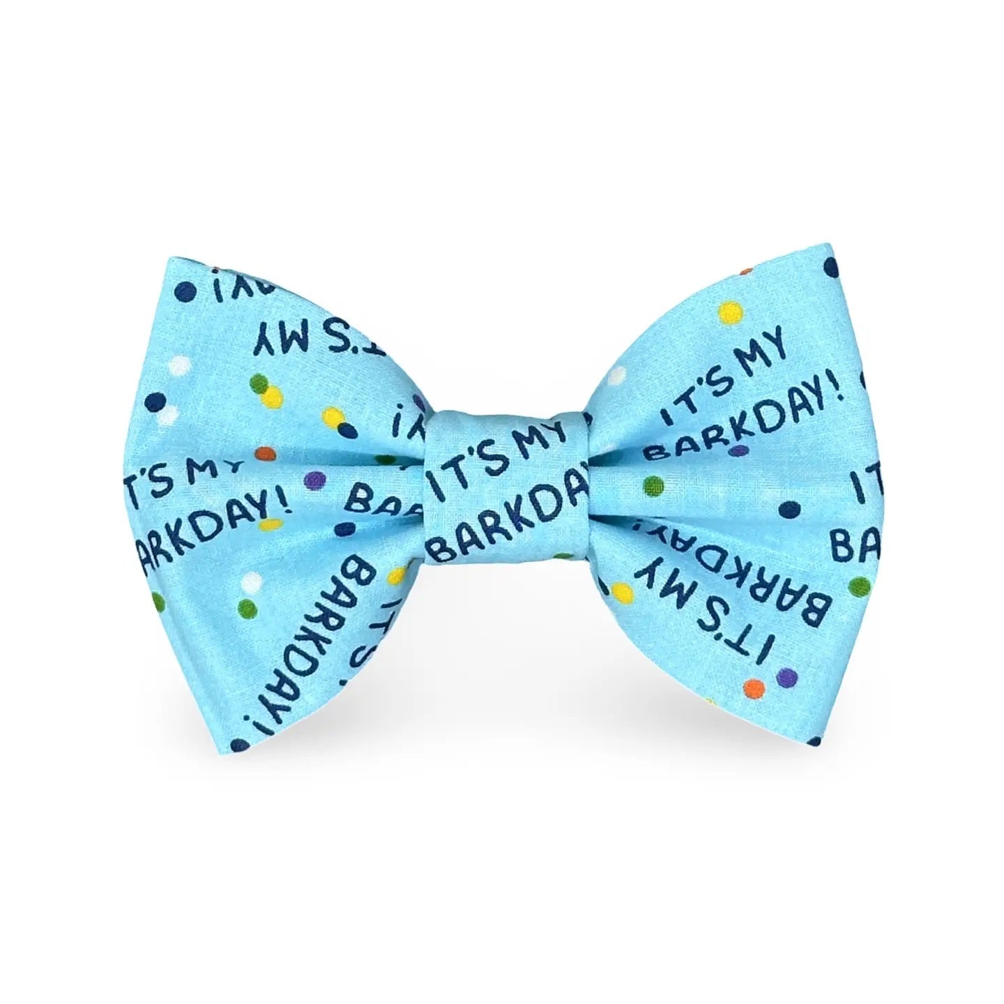 Blue dog bow tie with 'It's My Barkday!' text on a white background