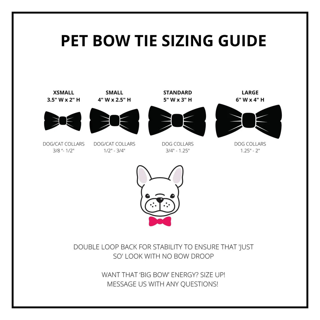 Pet bow tie sizing guide with black bow ties and a dog illustration on a white background