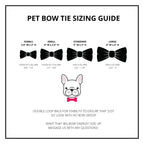 Pet bow tie sizing guide with black bow ties and a dog illustration on a white background