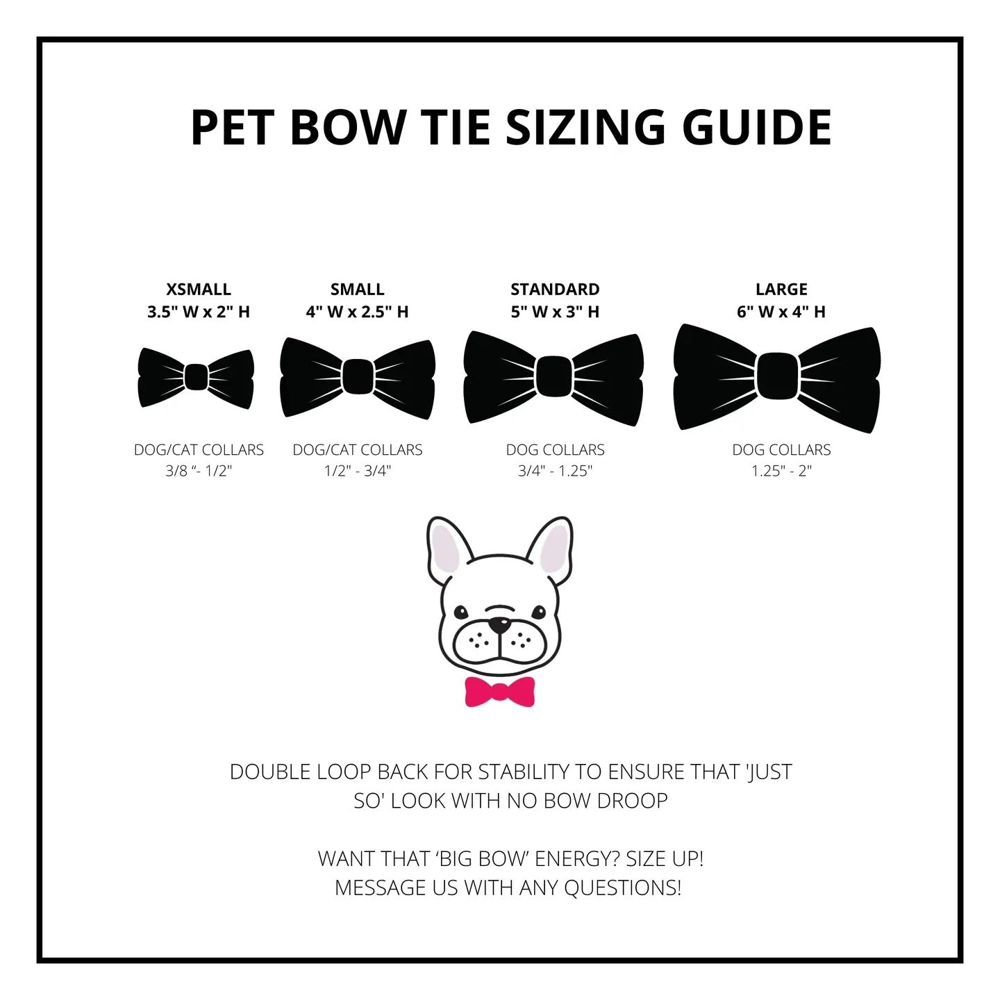 Pet bow tie sizing guide with black bow ties and a dog illustration on a white background