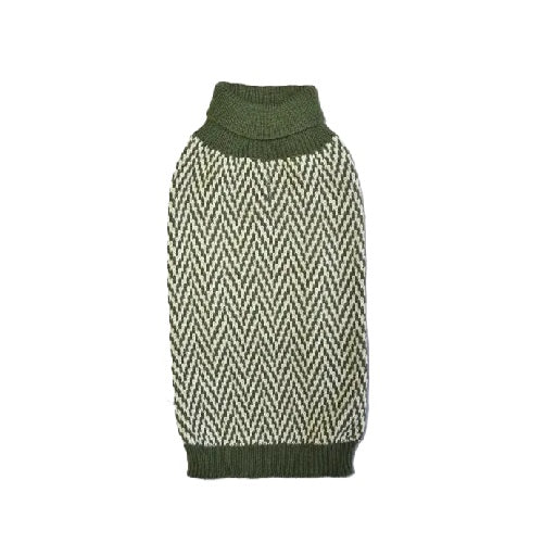 Green and Cream herringbone patterned dog sweater on a white background