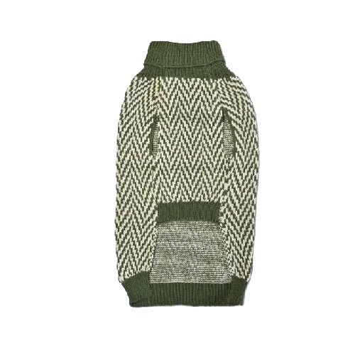 back of a green and cream herringbone patterned dog sweater on a white background