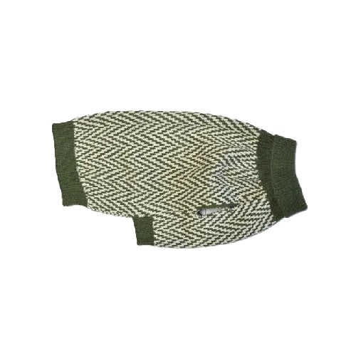 Green and white patterned dog sweater on a white background