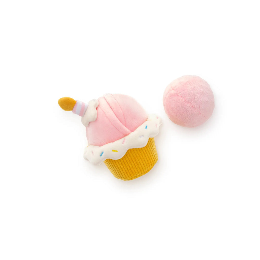Toy resembling a pink ice cream cone with a yellow base on a white background