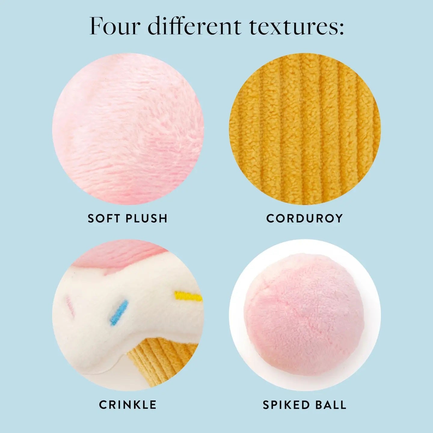 Four different textured balls labeled 'Soft Plush', 'Corduroy', 'Crinkle', and 'Spiked Ball' on a light blue background.