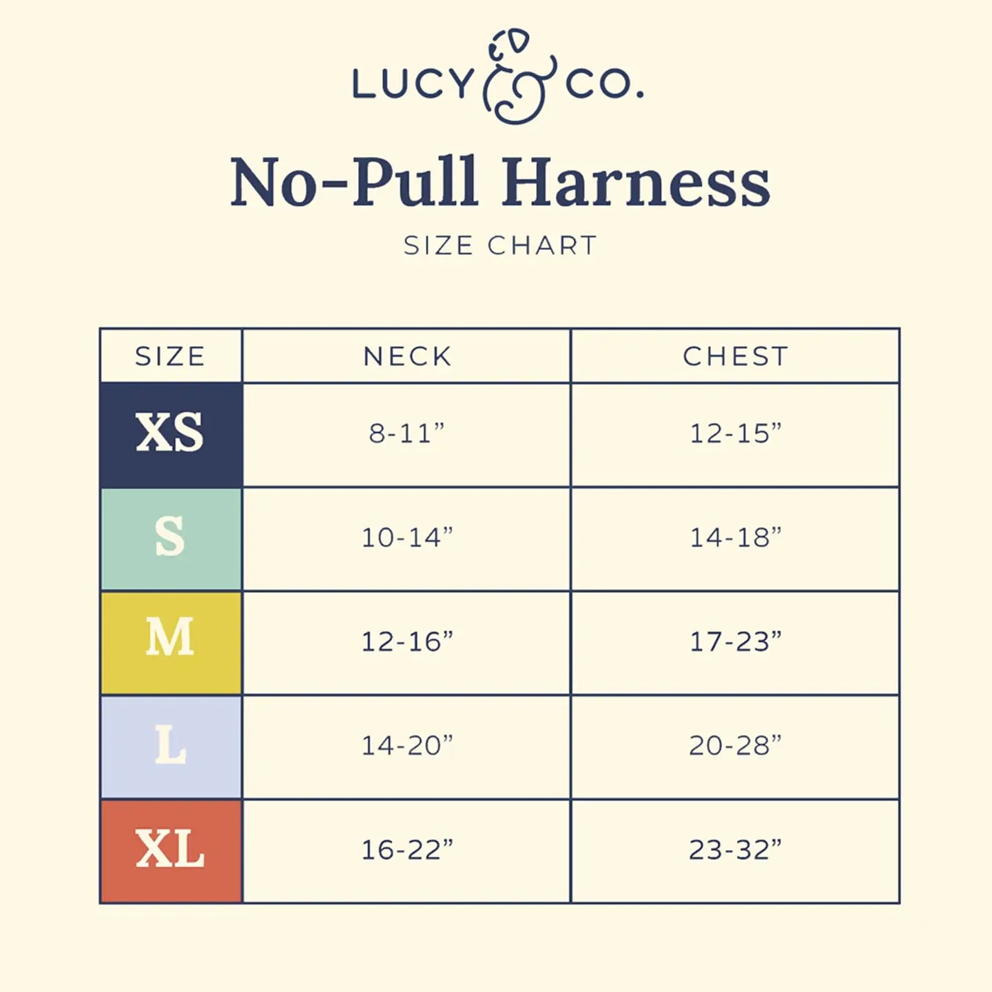 no-pull harness size chart for "Lucy & Co" products.
