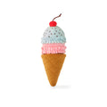 Ice cream cone–shaped interactive snuffle dog toy with pastel scoops, waffle cone base, and cherry topper on a white background