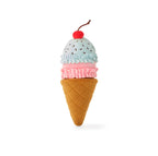 Ice cream cone–shaped interactive snuffle dog toy with pastel scoops, waffle cone base, and cherry topper on a white background