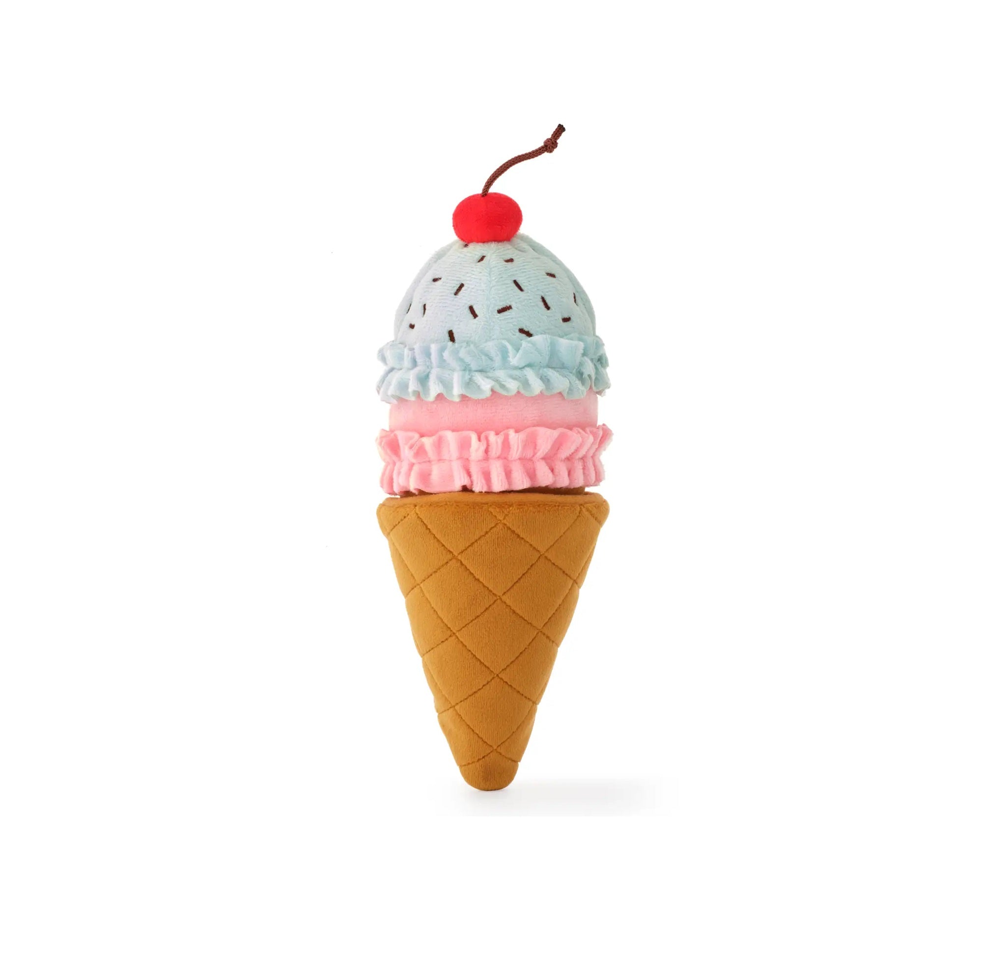 Ice cream cone–shaped interactive snuffle dog toy with pastel scoops, waffle cone base, and cherry topper on a white background