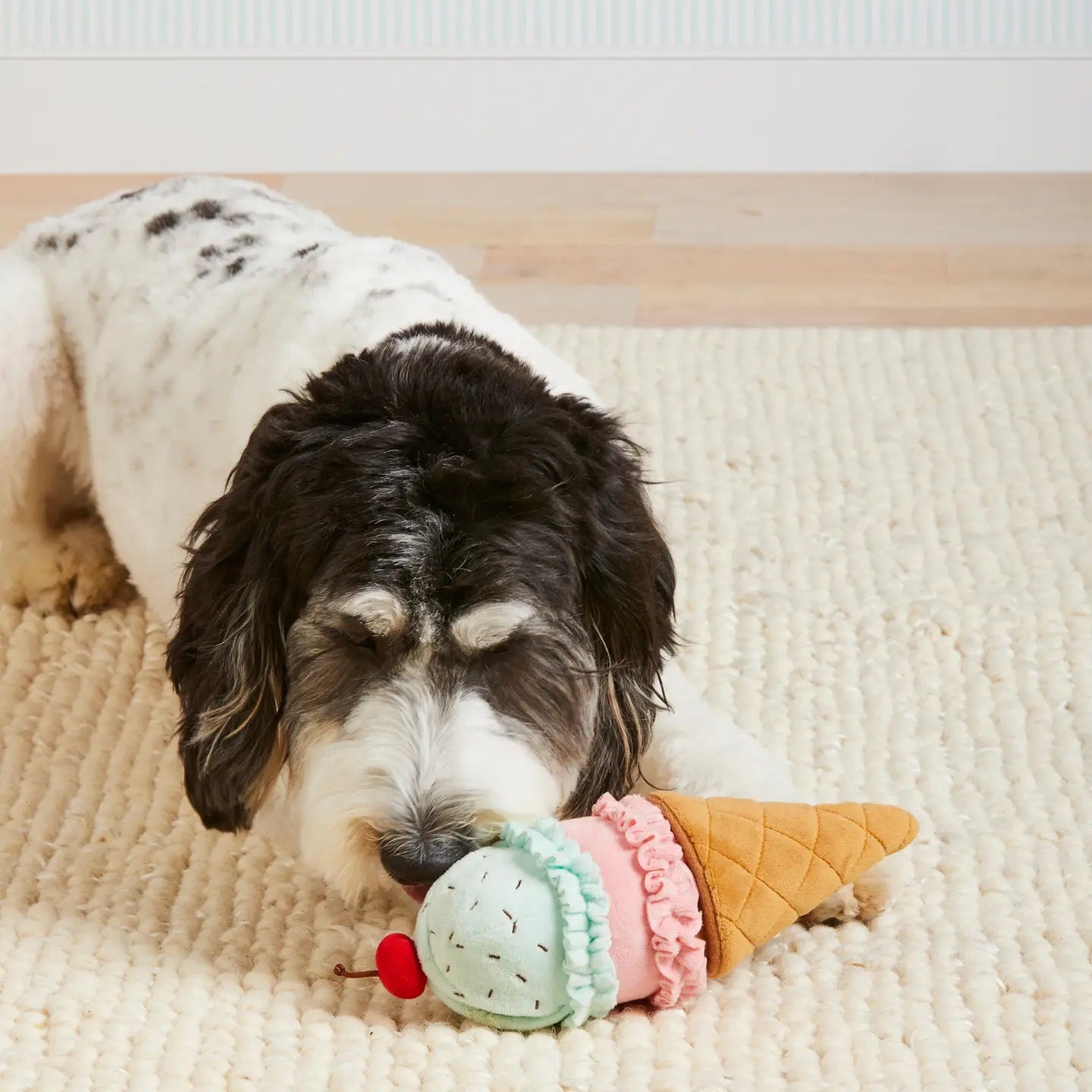 Dog playing with a toy ice cream cone on a carpeted floor