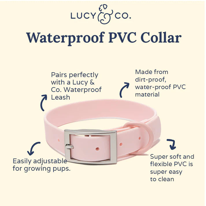 Pink waterproof PVC collar with features listed on a white background from "Lucy & Co".