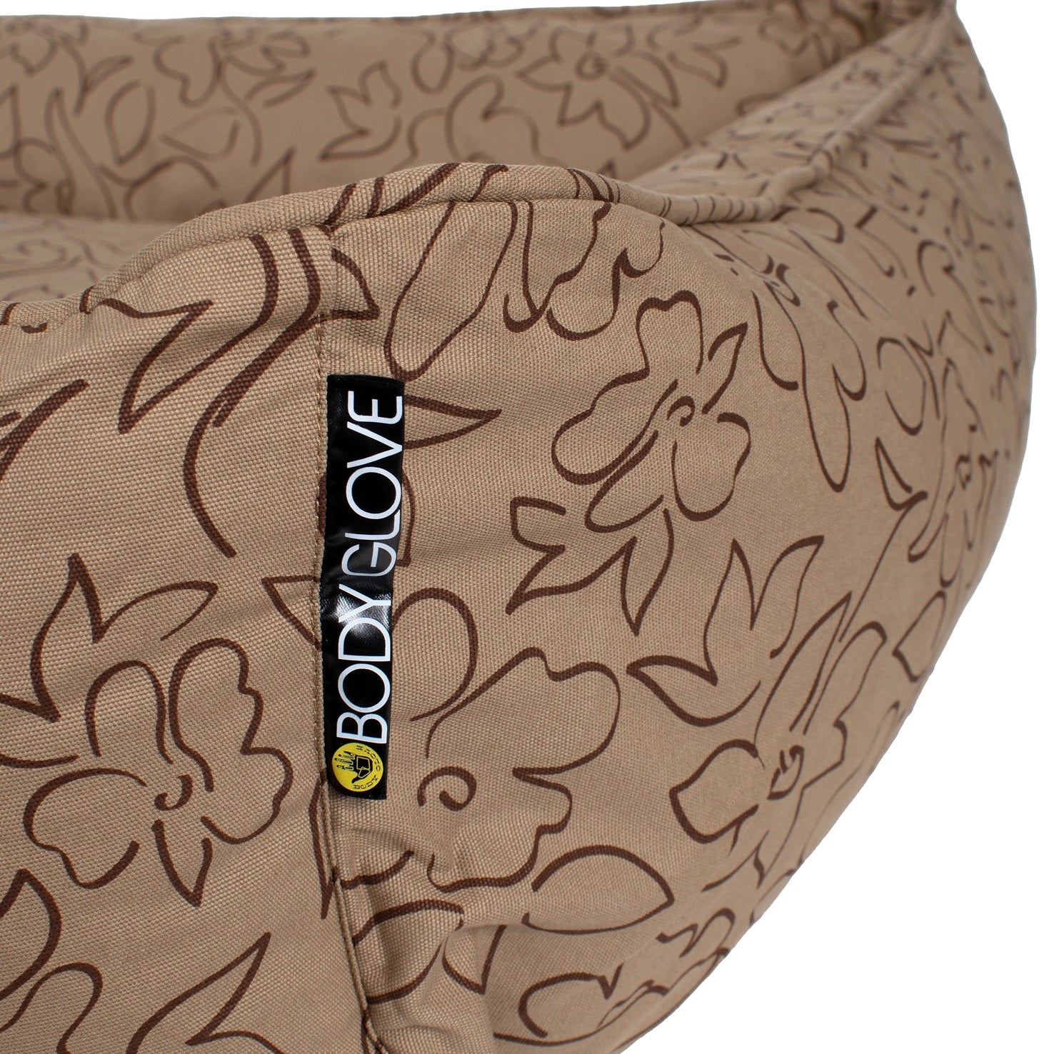 Brown floral-patterned dog bed with 'Body Glove' logo on a white background