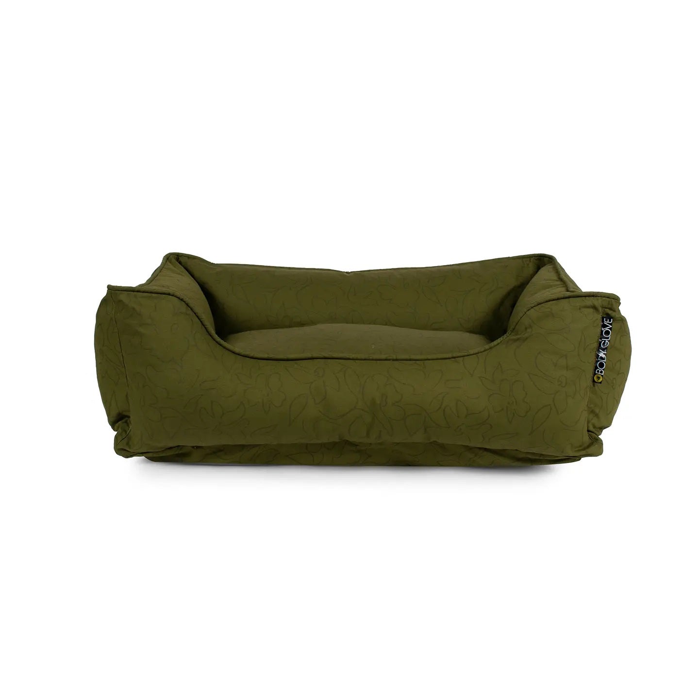 Green pet bed in floral print on a white background