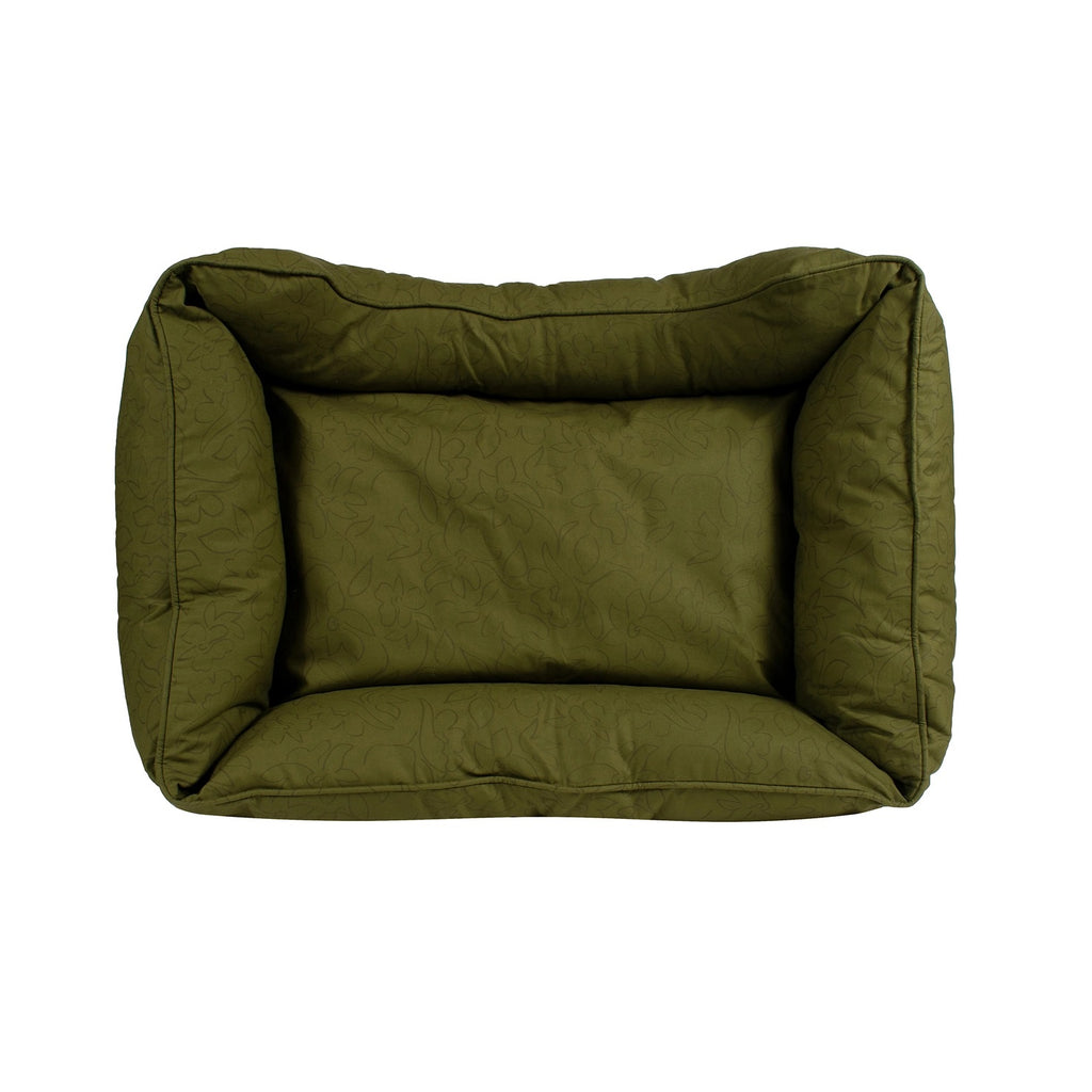 Green floral print dog bed on a white background