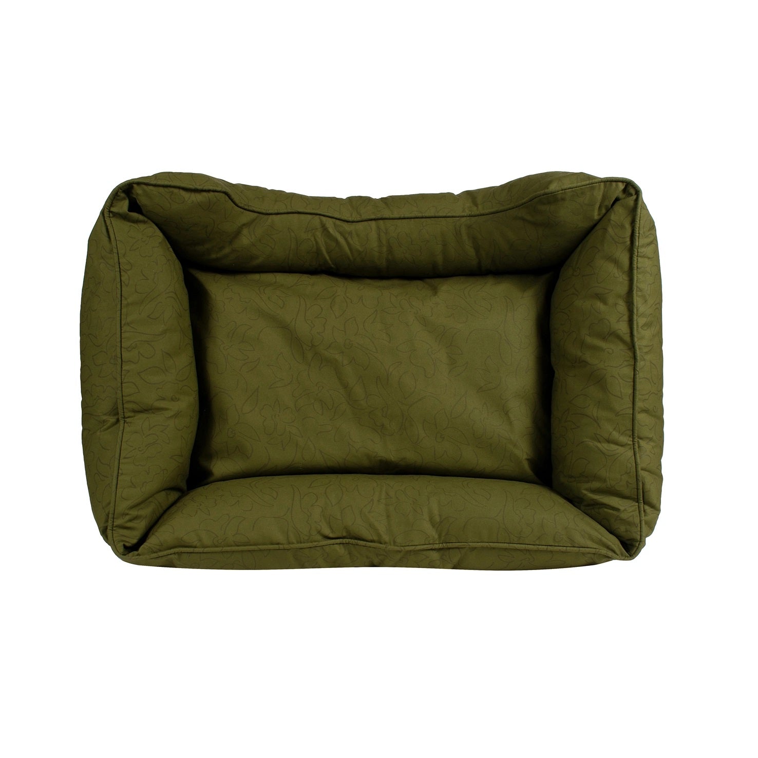 Green floral print dog bed on a white background