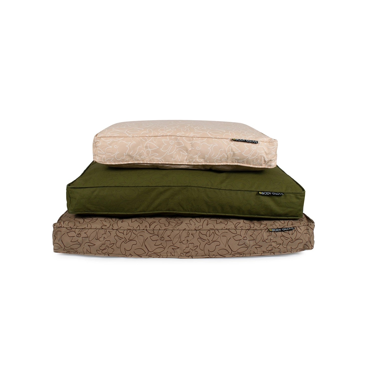 Stack of three pet beds in beige, green, and brown patterned design on a white background