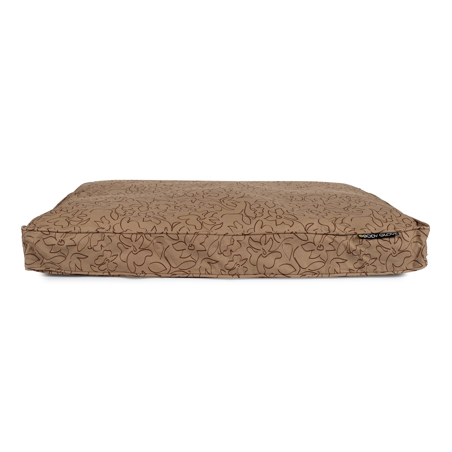 Brown pet bed with floral pattern on a white background