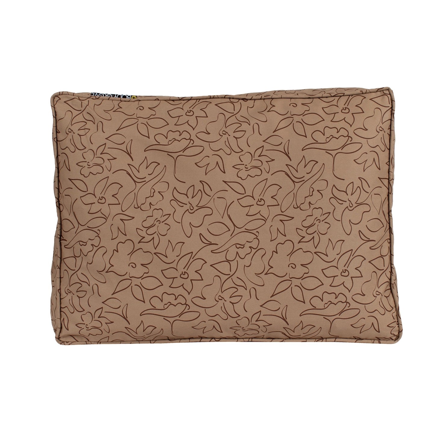 Brown dog bed with floral pattern on a white background