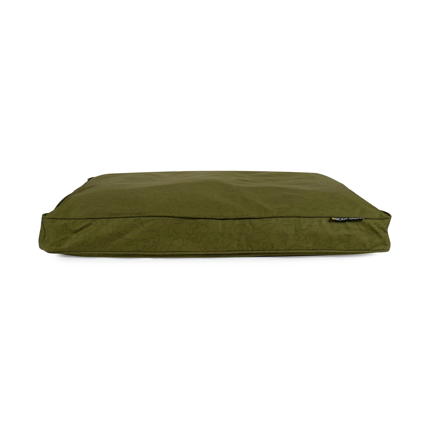 Green dog napper style bed on a white background