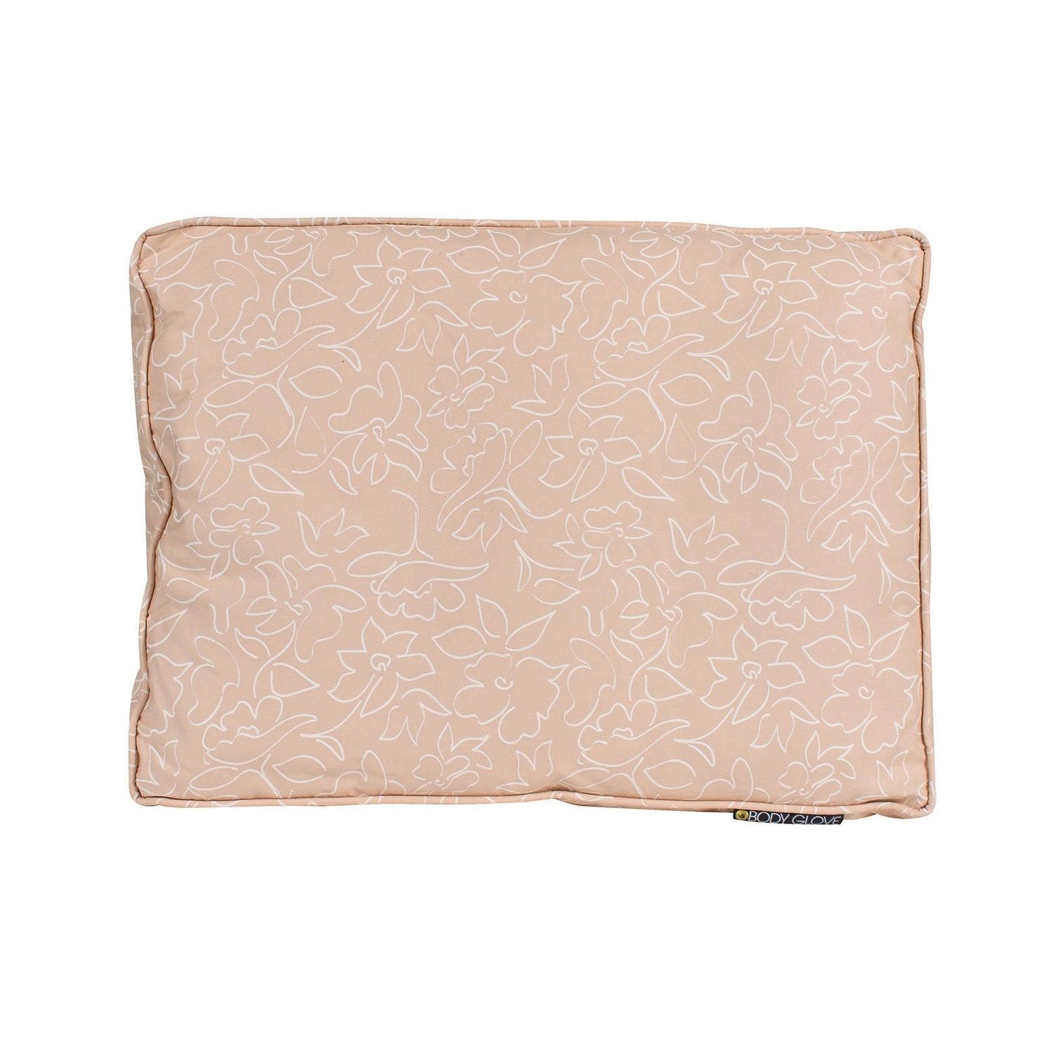 Top view of beige dog bed with subtle floral pattern on a white background