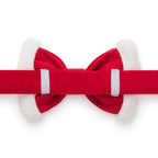 Back of red bow tie with white accents on a white background