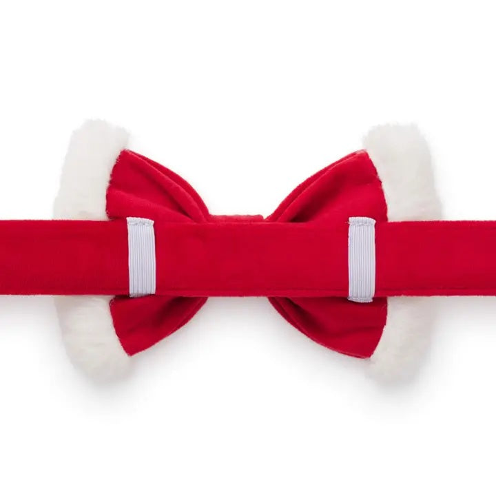 Back of red bow tie with white accents on a white background