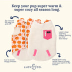 Dog coat with pumpkin pattern and pink accents, featuring text describing features and brand 'Lucy & Co'.