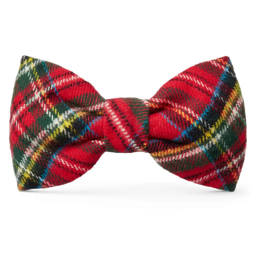 Plaid dog bow tie with red, green, and multicolor pattern on a white background