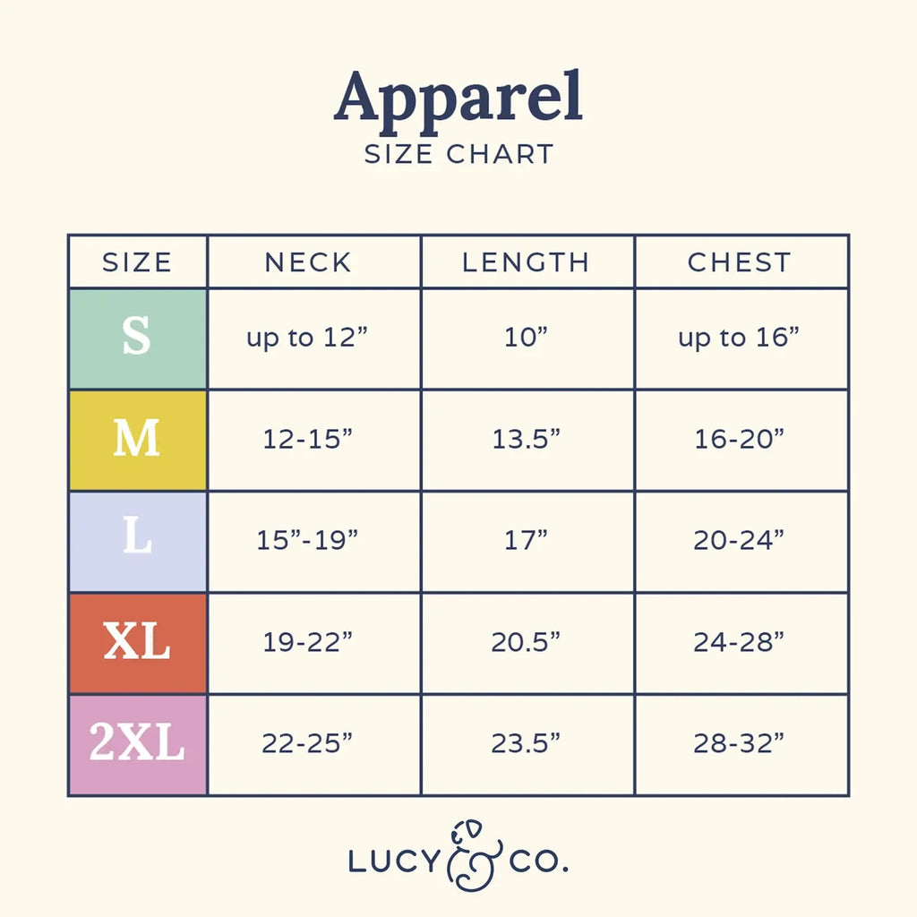 Apparel size chart for Lucy & Co. with color-coded sizes.