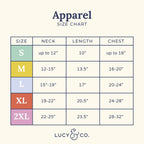Apparel size chart for Lucy & Co. with color-coded sizes.