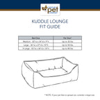 Kuddle Lounge fit guide with dimensions and pet size recommendations for Carolina Pet Company product.