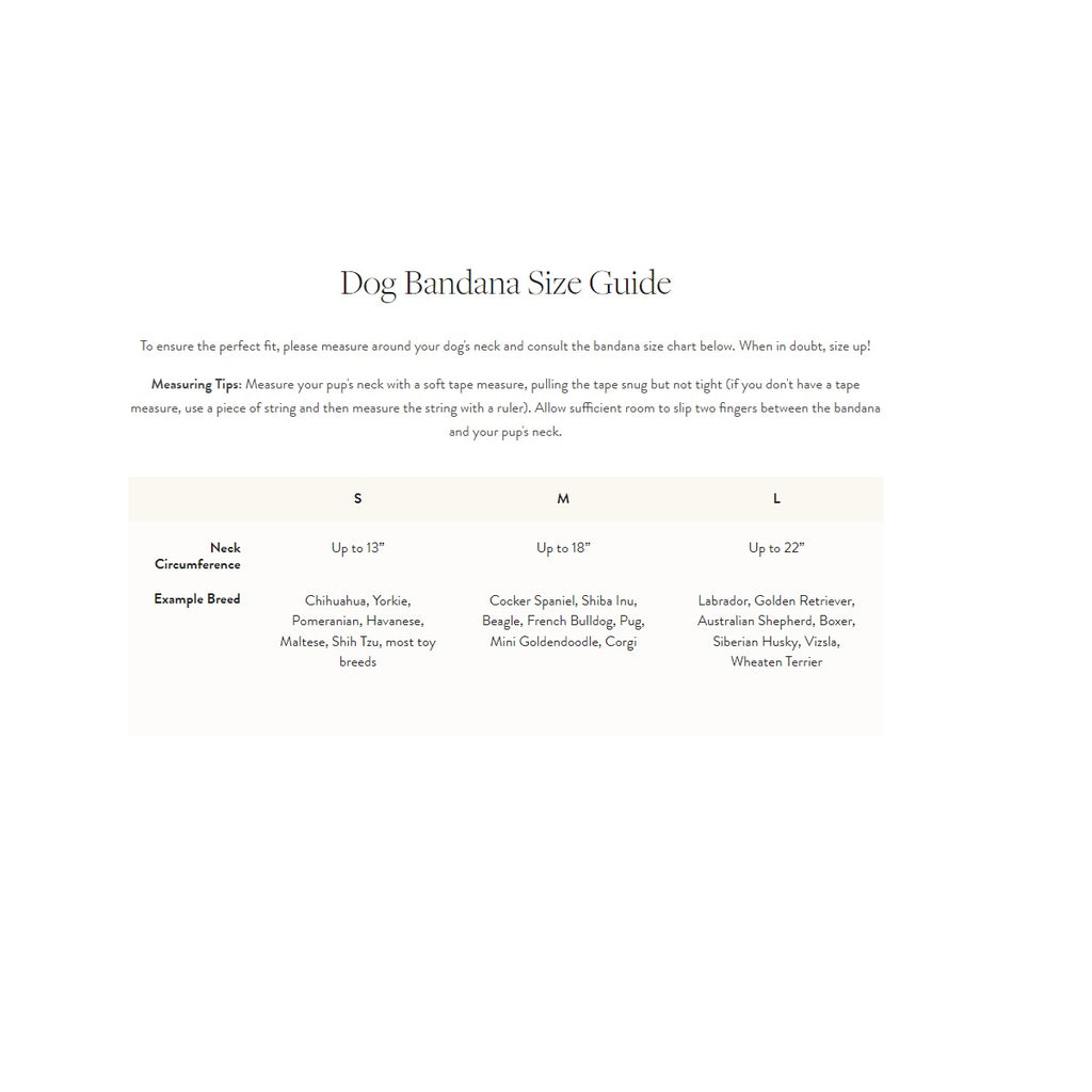 Dog bandana size guide with measurements and examples of dog breeds.