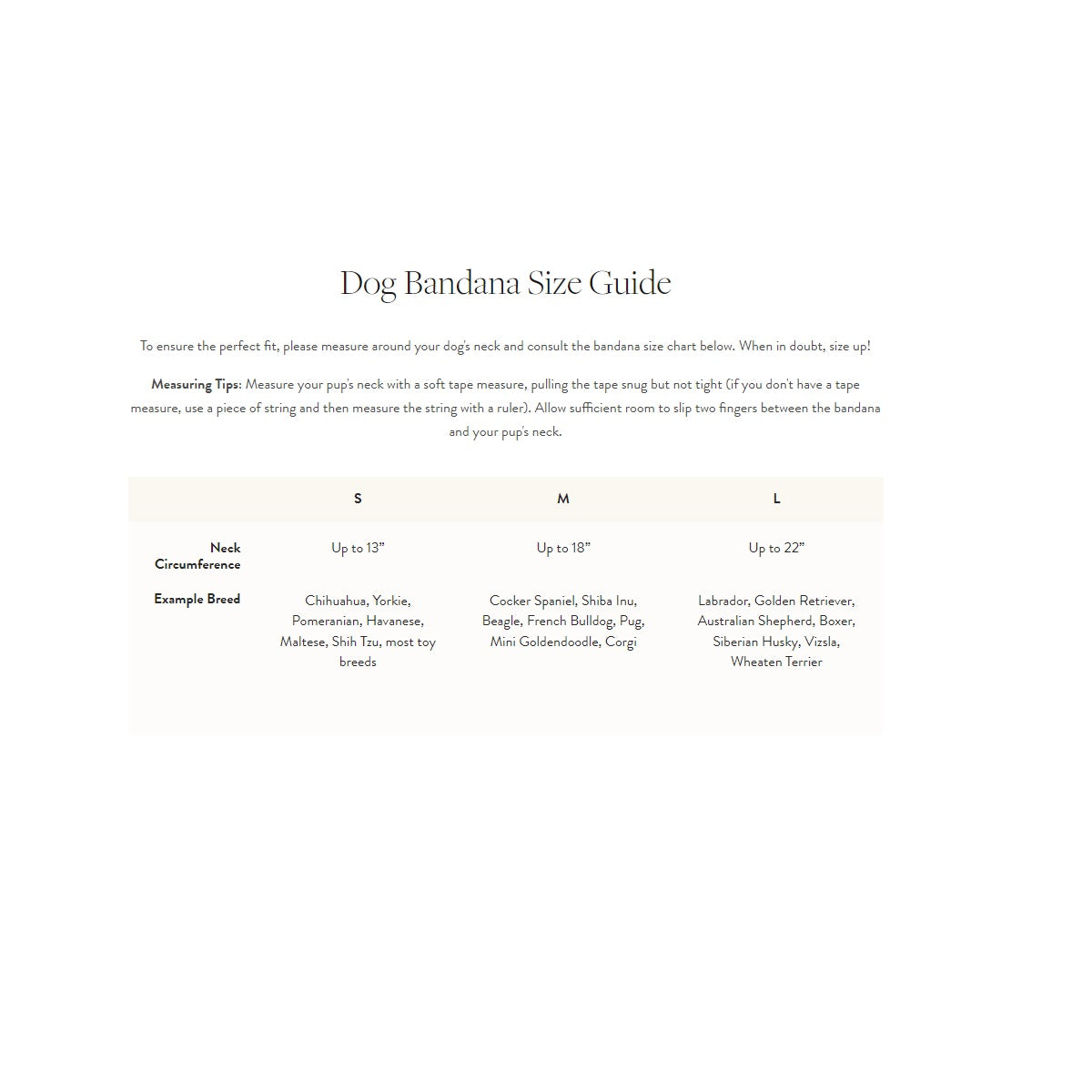 Dog bandana size guide with measurements and examples of dog breeds.