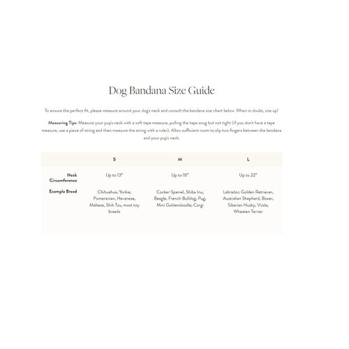 Dog bandana size guide with measurements and examples of dog breeds.
