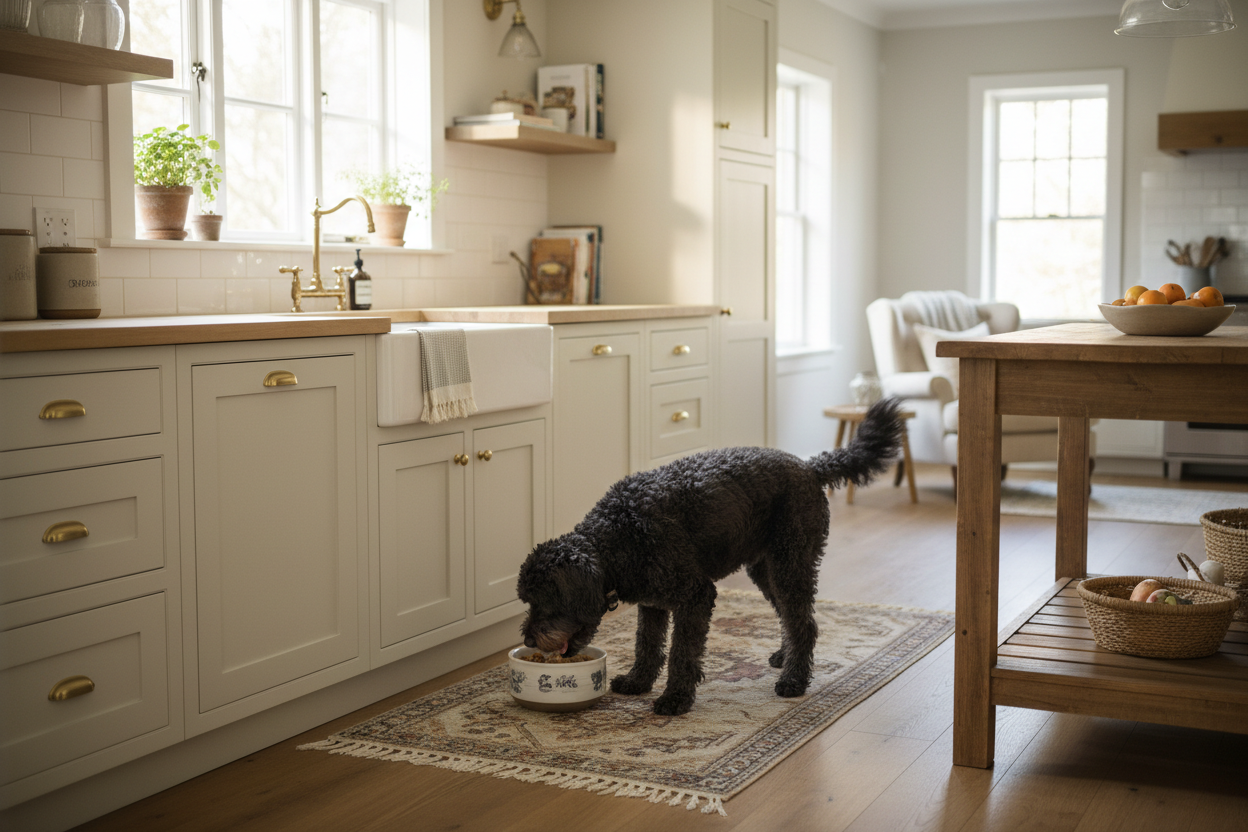 black labradoodle eating food from a dog dish in a kitchen